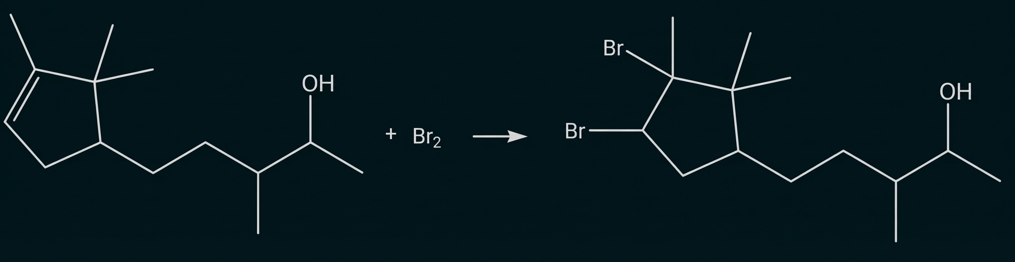 Reaktionsschema: Alken mit Seitenkette reagiert mit Br2 zu dibromiertem Ring